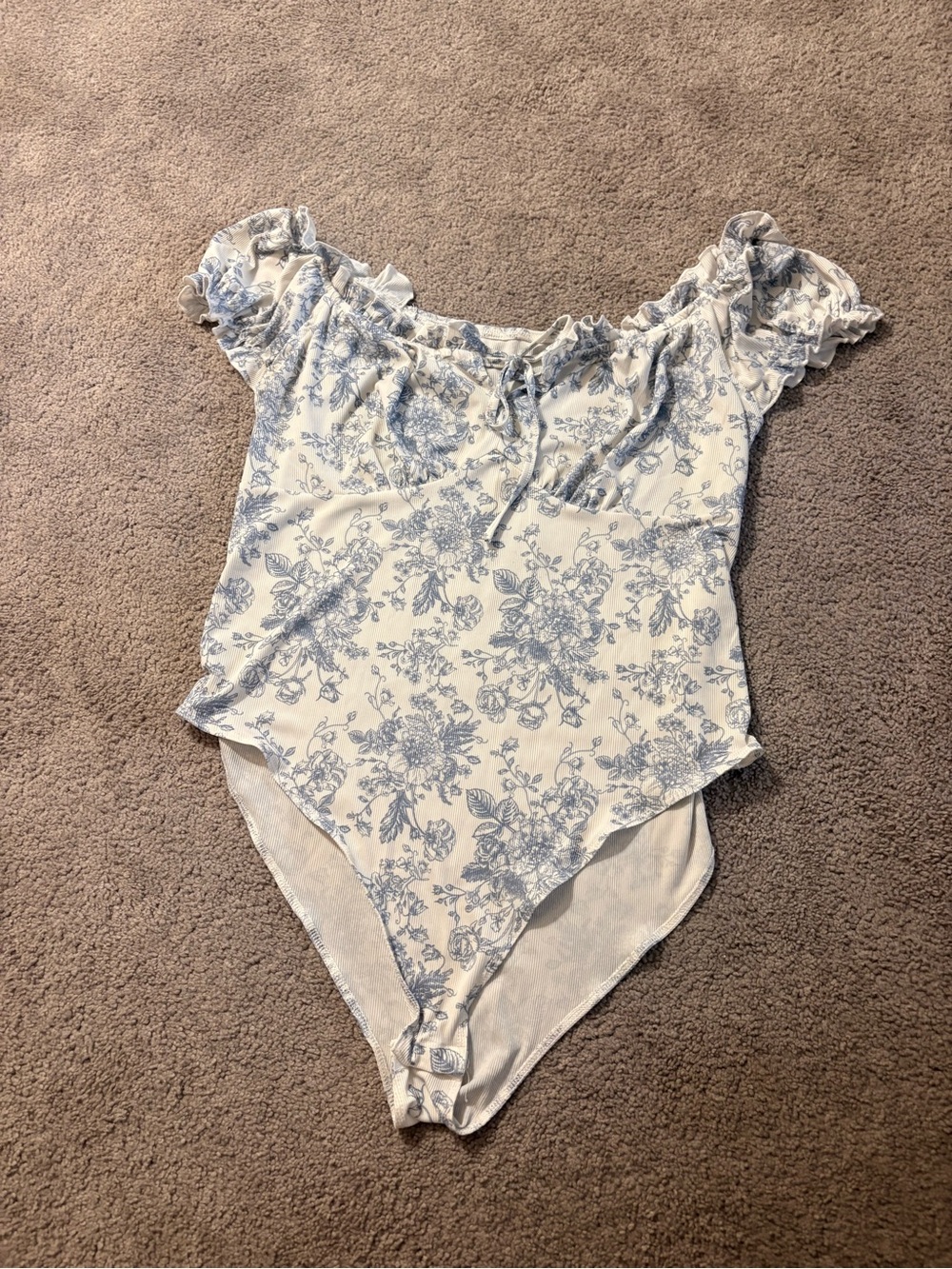 Cider White Floral Off-Shoulder Bodysuit with Blue Print